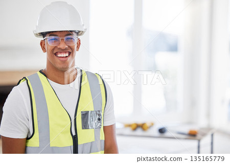 Portrait, contractor and man with a smile, construction and building project with vest, helmet and architecture. Face, male person and handyman with industrial success, professional and entrepreneur 135165779