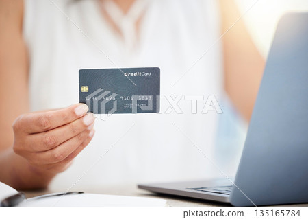 Hand, credit card and e commerce with woman and laptop, corporate account and finance with payment on website. Female professional, online shopping and internet banking with investment and fintech 135165784
