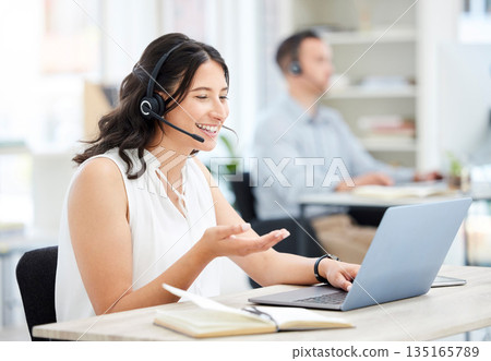 Woman, callcenter and laptop with phone call and smile, happy conversation with communication and contact us. CRM, customer service and help with female consultant at desk, positivity and telecom 135165789