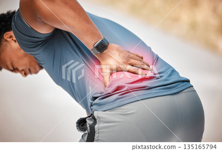 Fitness, back pain and accident with a sports man outdoor in nature for cardio or endurance running. Exercise, medical or anatomy injury with a male athlete holding his body while training for health 135165794