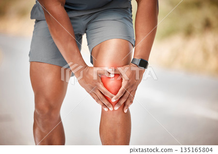 Fitness, knee pain and accident with a sports man outdoor in nature for cardio or endurance running. Exercise, medical or anatomy injury with a male athlete holding a joint while training for health Fitness, knee pain and accident with a sports man outdoor in nature for cardio or endurance running. Exercise, medical or anatomy injury with a male athlete holding a joint while training for health 135165804