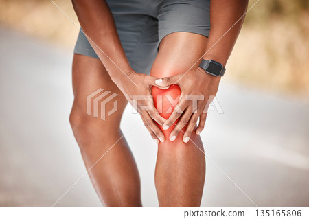 Fitness, knee pain and injury with a sports man outdoor in nature for cardio or endurance running. Exercise, medical or anatomy accident with a male athlete holding a joint while training for health Fitness, knee pain and injury with a sports man outdoor in nature for cardio or endurance running. Exercise, medical or anatomy accident with a male athlete holding a joint while training for health 135165806