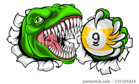 Dinosaur and 9 Ball Nine Ball Pool Cartoon Mascot Dinosaur and 9 Ball Nine Ball Pool Cartoon Mascot 135165824