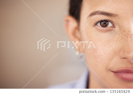 Closeup, portrait and woman with mockup, eye and freckles with goals, vision and clear vision. Face, female person and model with eye care, split in half and confident with skincare, idea and facial 135165829