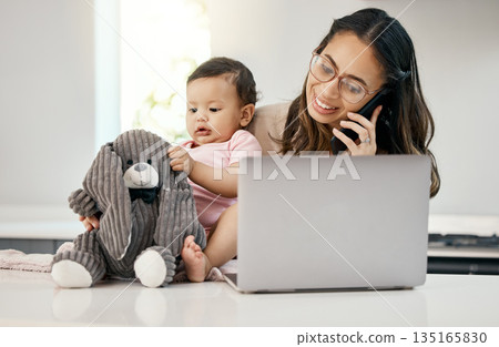 Phone call, remote work and happy woman with baby, laptop, freelancer with online project on maternity leave. Working from home office, mother and child with cellphone and computer at virtual job 135165830