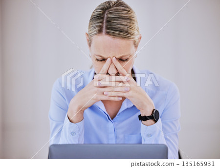 Business woman, headache and computer fail at a company with fatigue and stress from 404 error. Audit problem, female employee and pain from tech work and debt report in a office with pc mistake Business woman, headache and computer fail at a company with fatigue and stress from 404 error. Audit problem, female employee and pain from tech work and debt report in a office with pc mistake 135165931