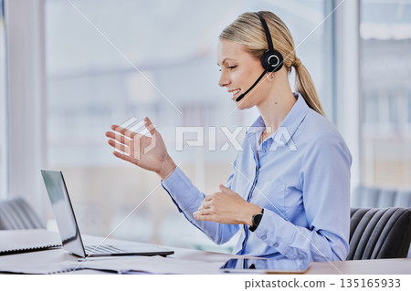 Young woman, call center and advice with discussion, mic, communication and smile in tech support job. Girl, telemarketing and happy for sales consulting, customer service or help desk at crm agency Young woman, call center and advice with discussion, mic, communication and smile in tech support job. Girl, telemarketing and happy for sales consulting, customer service or help desk at crm agency 135165933