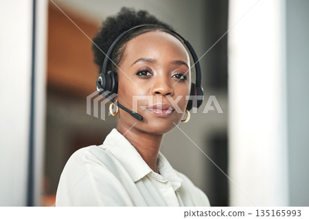 Call center, customer service and portrait of black woman in office for advice, help and telemarketing. Communication, consultant and serious female worker for contact, crm support and consulting Call center, customer service and portrait of black woman in office for advice, help and telemarketing. Communication, consultant and serious female worker for contact, crm support and consulting 135165993