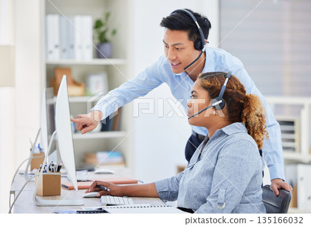 Call center, training and manager with woman on computer for help, advice and assistance. Telemarketing, customer support and female intern with Asian man boss for contact, crm service and consulting Call center, training and manager with woman on computer for help, advice and assistance. Telemarketing, customer support and female intern with Asian man boss for contact, crm service and consulting 135166032