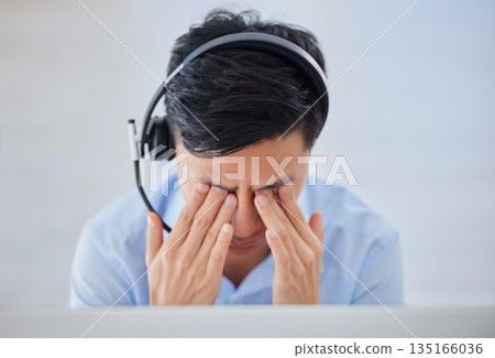 Business man, telemarketing and headache with eye strain from computer 404 and consulting fail. Call center, contact us and male worker feeling tired from work deadline and consultation problem Business man, telemarketing and headache with eye strain from computer 404 and consulting fail. Call center, contact us and male worker feeling tired from work deadline and consultation problem 135166036