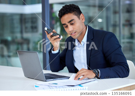 Businessman, phone call and speaker with laptop and document for accounting or financial advisor at office. Man accountant or business lawyer talking on smartphone with finance paperwork at workplace 135166091
