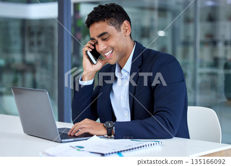 Business, phone call and man with a laptop, professional and confidence with connection, communication and technology. Male person, employee and consultant with a smartphone, typing and conversation Business, phone call and man with a laptop, professional and confidence with connection, communication and technology. Male person, employee and consultant with a smartphone, typing and conversation 135166092