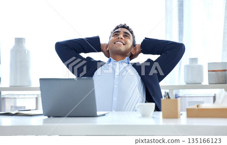 Relax, business and man with a smile, laptop and good deal in an office, calm and stretching. Male person, consultant and agent in a workplace, rest and peace with sales, connection and finished task 135166123