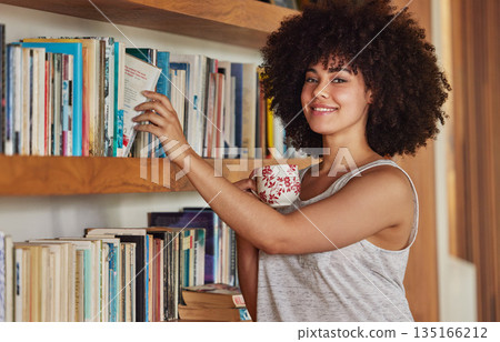 Woman in portrait, bookshelf and book choice with coffee at home, story and fiction, education and relax with drink. Female person in apartment, house library and books for reading and hot beverage Woman in portrait, bookshelf and book choice with coffee at home, story and fiction, education and relax with drink. Female person in apartment, house library and books for reading and hot beverage 135166212