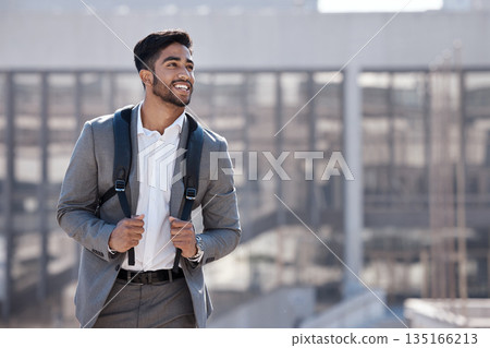 Travel, happy and businessman walking in the city to his office building in the morning. Confidence, backpack and professional male employee with a smile commuting to work in an urban town street. Travel, happy and businessman walking in the city to his office building in the morning. Confidence, backpack and professional male employee with a smile commuting to work in an urban town street. 135166213