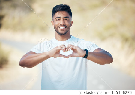 Happy man, fitness and portrait with heart hands in nature for cardio health or workout exercise outdoors. Fit, active or sport male person, athlete or runner with loving emoji and smile for training Happy man, fitness and portrait with heart hands in nature for cardio health or workout exercise outdoors. Fit, active or sport male person, athlete or runner with loving emoji and smile for training 135166276