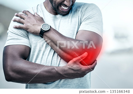 Fitness, elbow and injury with a sports man holding his joint in pain while outdoor for a workout. Exercise, anatomy and accident with a male athlete feeling tender while training for recreation Fitness, elbow and injury with a sports man holding his joint in pain while outdoor for a workout. Exercise, anatomy and accident with a male athlete feeling tender while training for recreation 135166348