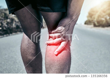 Athlete, pain and joint with closeup in the outdoor with exercise for sports injury from a workout.Training, road and knee injury with accident for fitness and medical emergency with leg for health. 135166356