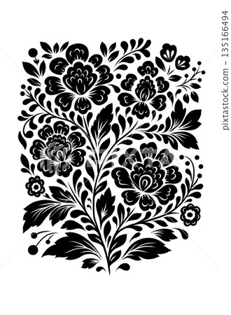 Vector monochrome folk art decorative floral card. Black silhouette of slavic tracery ornament with flowers on white background Vector monochrome folk art decorative floral card. Black silhouette of slavic tracery ornament with flowers on white background 135166494