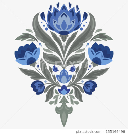 Vector decorative floral arrangement in folk art style. Geometric blue flowers with symmetrical design Vector decorative floral arrangement in folk art style. Geometric blue flowers with symmetrical design 135166496