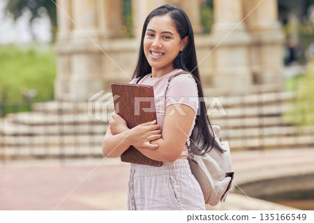 University student, woman and tablet for campus portrait with smile, backpack and walking with pride. Gen z girl, digital touchscreen and happy for learning, education and scholarship at college 135166549