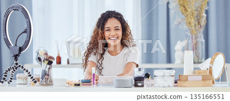 Portrait of makeup influencer, smile and woman streaming tutorial for beauty, fashion and broadcast for cosmetics. Live stream, product and happy face of content creator girl or make up artist vlog. 135166551