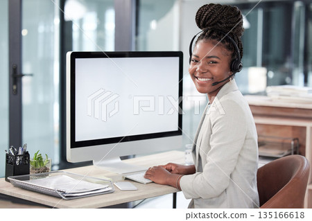 Call center, computer screen and mockup with portrait of black woman in office for consulting, customer service or help desk. Communication, contact us and advice with employee for kpi and networking 135166618