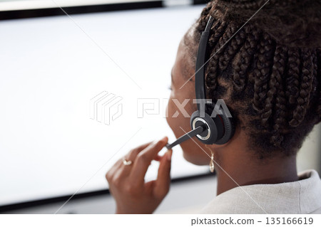 Receptionist, computer screen and mockup with black woman in office for consulting, customer service and help desk. Communication, contact us and website with back of employee for kpi and networking 135166619
