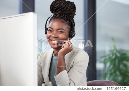Call center, portrait and black woman smile by computer for telemarketing, customer service or support. Contact us, face and sales agent, consultant or person from South Africa in business office. 135166627
