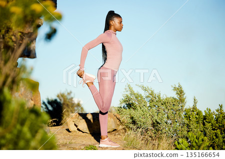 Fitness, stretching and black woman outdoor, exercise and training for wellness, stress relief and health. Female person, girl or athlete stretch legs, outside and nature with workout goal and target 135166654