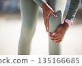 Hands, knee injury and athlete outdoor with pain during exercise, running or training. Arthritis, fitness or leg of person with fibromyalgia, wound problem or emergency accident during sports workout 135166685