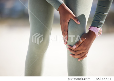 Hands, knee injury and athlete outdoor with pain during exercise, running or training. Arthritis, fitness or leg of person with fibromyalgia, wound problem or emergency accident during sports workout Hands, knee injury and athlete outdoor with pain during exercise, running or training. Arthritis, fitness or leg of person with fibromyalgia, wound problem or emergency accident during sports workout 135166685