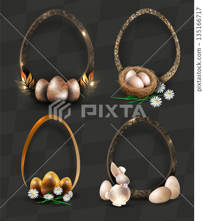 Happy Easter. Isolated design element with a bunny silhouette, Easter eggs, and flowers Happy Easter. Isolated design element with a bunny silhouette, Easter eggs, and flowers 135166717