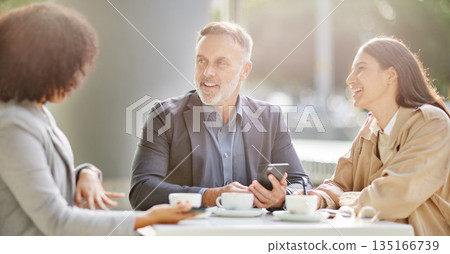 Business people, coffee shop and meeting for conversation, smile or team building for planning in morning. Businessman, women and smartphone at cafe with talk for vision, motivation and brainstorming 135166739