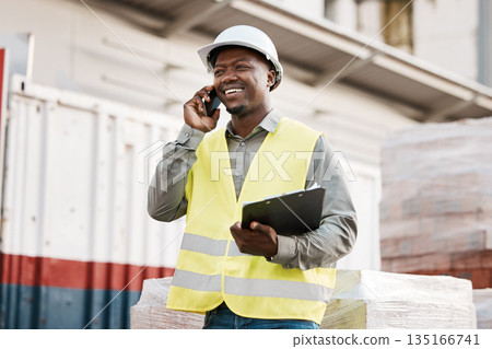 Phone call, smile and black man engineer in construction site talking or in discussion to contact on mobile conversation. Industry, communication and worker planning architecture as a builder Phone call, smile and black man engineer in construction site talking or in discussion to contact on mobile conversation. Industry, communication and worker planning architecture as a builder 135166741