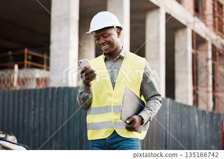 Architecture, phone and inspection with black man on construction site for networking, communication and digital. Engineering, building and designer with male contractor in city for property and app Architecture, phone and inspection with black man on construction site for networking, communication and digital. Engineering, building and designer with male contractor in city for property and app 135166742