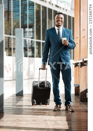 Travel, business and portrait of black man with suitcase for international conference, global trip and meeting. Corporate, luggage and male entrepreneur with coffee for journey, commute or convention 135166754