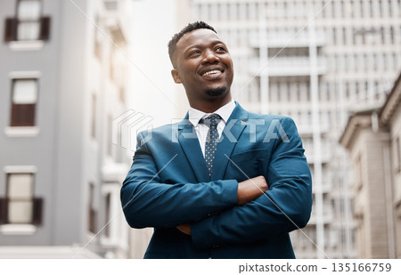 Thinking, idea and business black man in city with future goals, vision and mission for company. Ideas, success and face of male entrepreneur in town with wonder, dreaming and thoughtful mindset 135166759