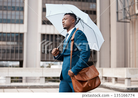 Travel, business and black man with umbrella in city for weather, rain and winter season in urban town. Corporate, professional and male entrepreneur with bag for journey, commute and travelling Travel, business and black man with umbrella in city for weather, rain and winter season in urban town. Corporate, professional and male entrepreneur with bag for journey, commute and travelling 135166774