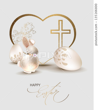 Happy Easter. Isolated design element with a heart silhouette, Easter eggs, and a cute bunny Happy Easter. Isolated design element with a heart silhouette, Easter eggs, and a cute bunny 135166800