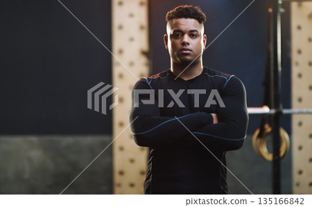 Crossed arms, exercise and portrait of man in gym for training, fitness and bodybuilder workout. Motivation, muscles and serious male person in sports center for challenge, wellness and body strength Crossed arms, exercise and portrait of man in gym for training, fitness and bodybuilder workout. Motivation, muscles and serious male person in sports center for challenge, wellness and body strength 135166842