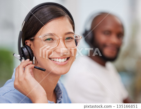 Crm, portrait and woman employee with smile for customer service, help or telemarketing. Face, consultation and happiness of call center consultant with phone support and connect for agent consulting 135166851