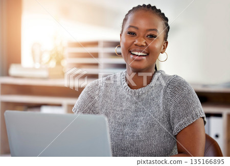 Laptop, business and portrait of black woman in office for research, website or designer. Thinking, creative and internet with female employee in digital agency for technology, email and entrepreneur 135166895