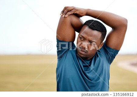 Stretching, fitness and black man in park for exercise, training and cardio workout outdoors. Sports, motivation and male person stretch arms to warm up for healthy body, wellness and performance Stretching, fitness and black man in park for exercise, training and cardio workout outdoors. Sports, motivation and male person stretch arms to warm up for healthy body, wellness and performance 135166912