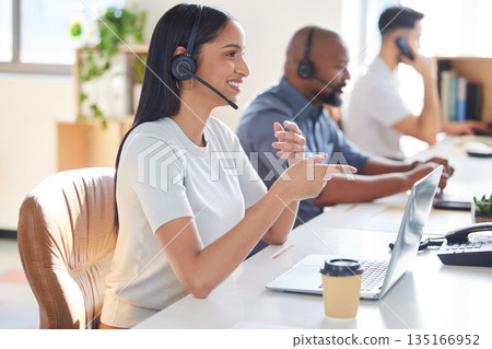 Customer service, contact us or support with consultant people at work in an office for assistance. Call center, crm or communication with a female consulting via headset technology for telemarketing 135166952