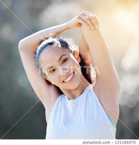 Stretching, fitness and portrait of woman in nature for exercise, training and cardio workout in nature. Sports, motivation and happy female person stretch arms for warm up, wellness and performance Stretching, fitness and portrait of woman in nature for exercise, training and cardio workout in nature. Sports, motivation and happy female person stretch arms for warm up, wellness and performance 135166970