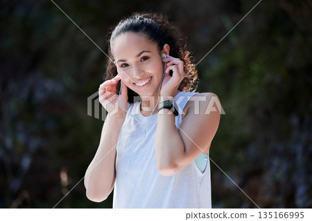 Music, fitness and portrait of woman in nature for exercise, training and cardio workout outdoors. Sports, motivation and happy female person listen to audio for warm up, wellness and performance Music, fitness and portrait of woman in nature for exercise, training and cardio workout outdoors. Sports, motivation and happy female person listen to audio for warm up, wellness and performance 135166995