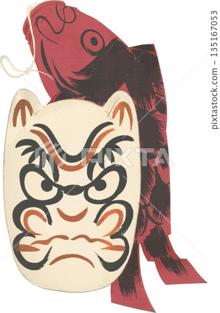 Japanese folk toy: Oni mask and paper carp Japanese folk toy: Oni mask and paper carp 135167053