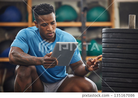 Gym inspection, exercise equipment and man with tablet,.weights for muscle training and personal trainer. Check, admin with tech gadget and African male manager at fitness studio doing inventory 135167086