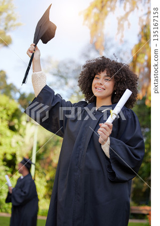 Graduation, success and woman student or graduate celebrate an achievement on university or college campus. Happy, happiness and person with a certificate, scholarship or diploma from education event Graduation, success and woman student or graduate celebrate an achievement on university or college campus. Happy, happiness and person with a certificate, scholarship or diploma from education event 135167158